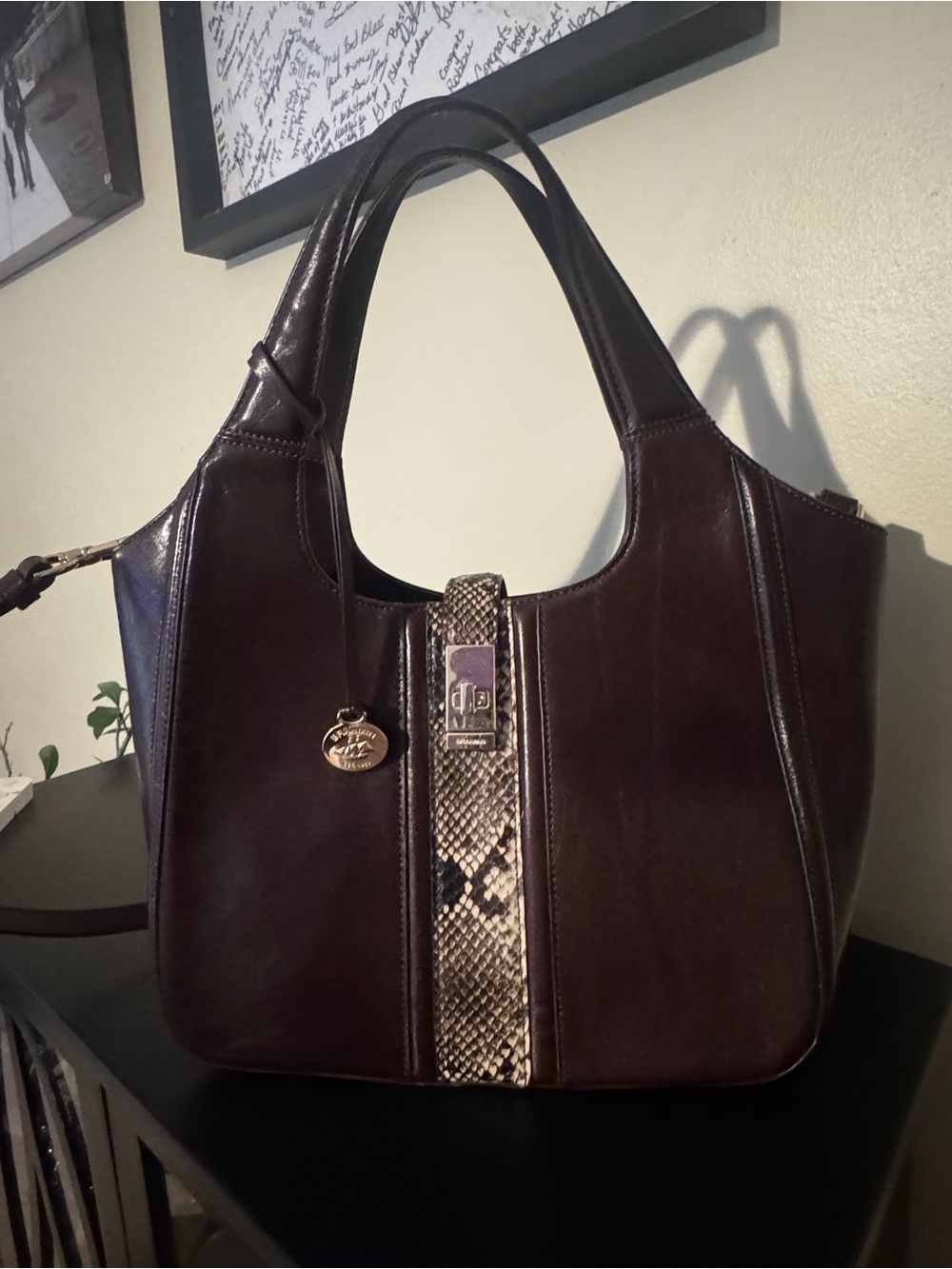 Brahmin Carla Dark Brown Leather Shoulder Bag with Snake-Print Accent